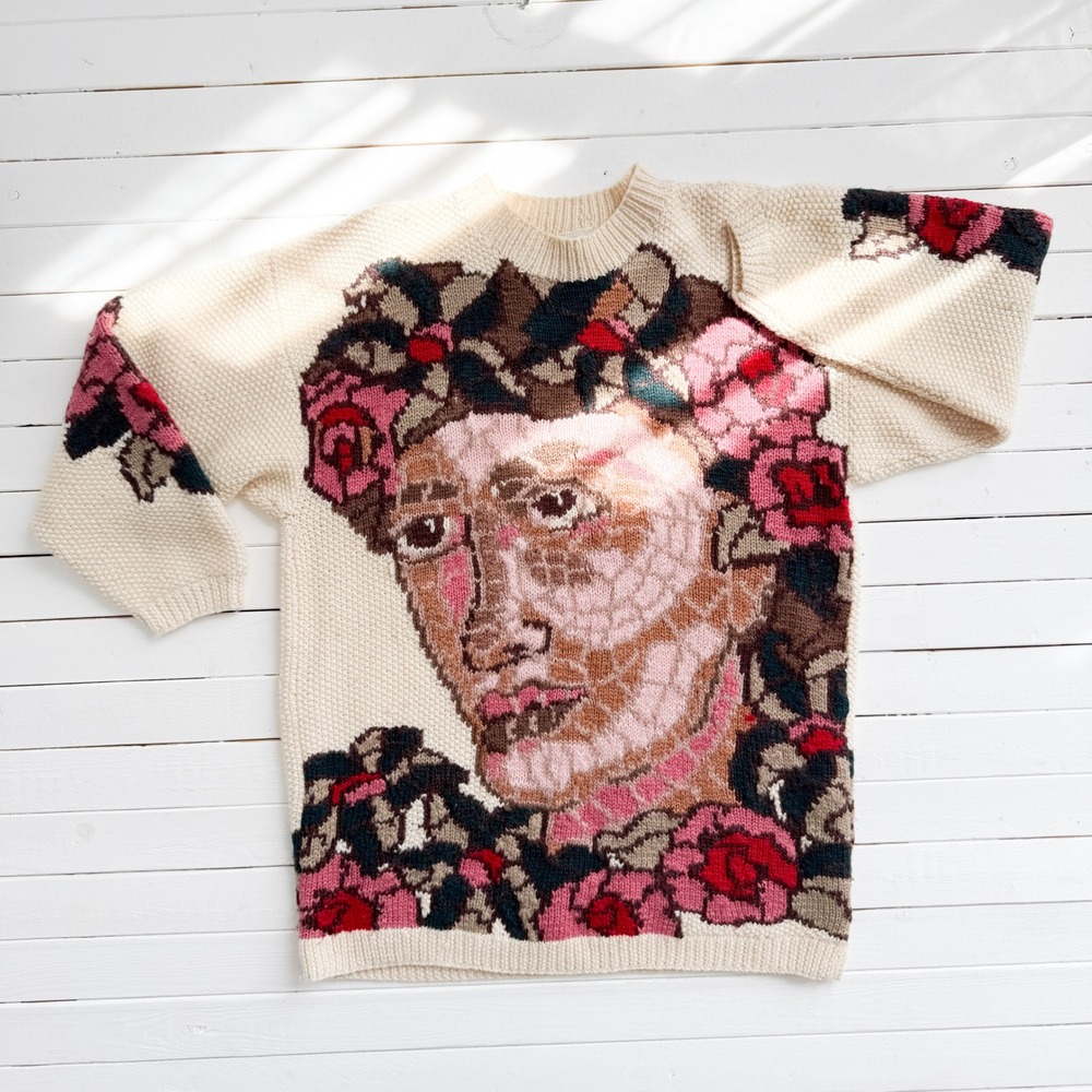 Next Ladieswear vtg cream wool stained‎ glass face hand knit sweater size S-M